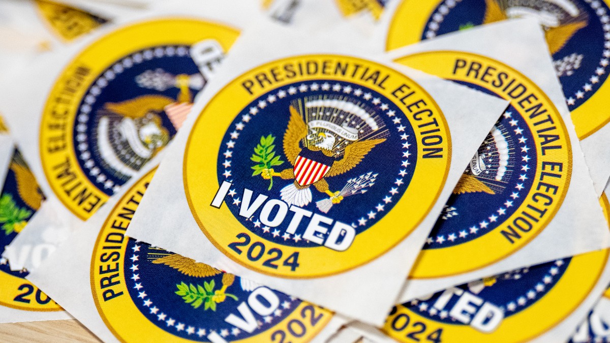 "I Voted" stickers displayed at Long Bridge Park Aquatics and Fitness Center in Arlington, Virginia