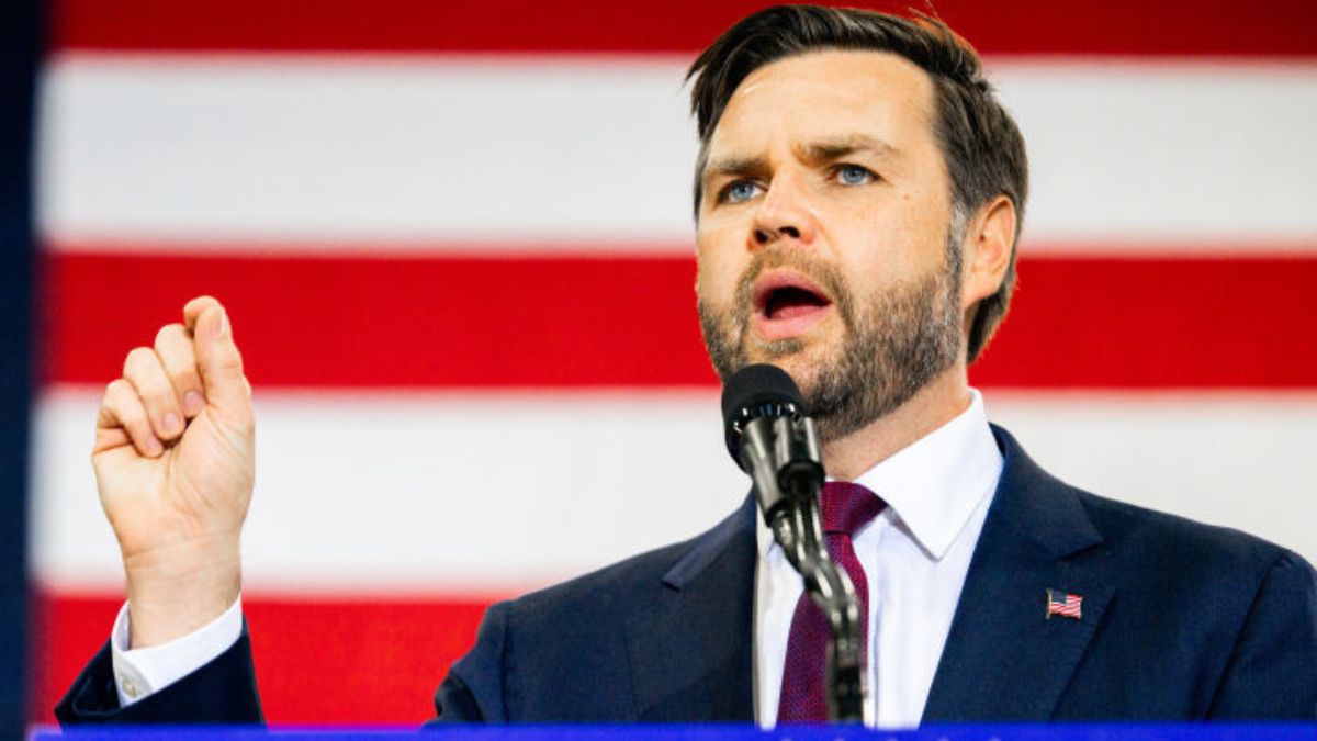 WATERFORD, MICHIGAN - OCTOBER 24: Republican vice presidential nominee, U.S. Sen. J.D. Vance (R-OH) speaks during a campaign rally at the Elite Jet at Contact Aviation facility on October 24, 2024 in Waterford, Michigan. Vance and his running mate Republican presidential nominee, former U.S. President Donald Trump continue rallying with people across the battleground swing state of Michigan ahead of the November 5 election. (Photo by Brandon Bell/Getty Images)