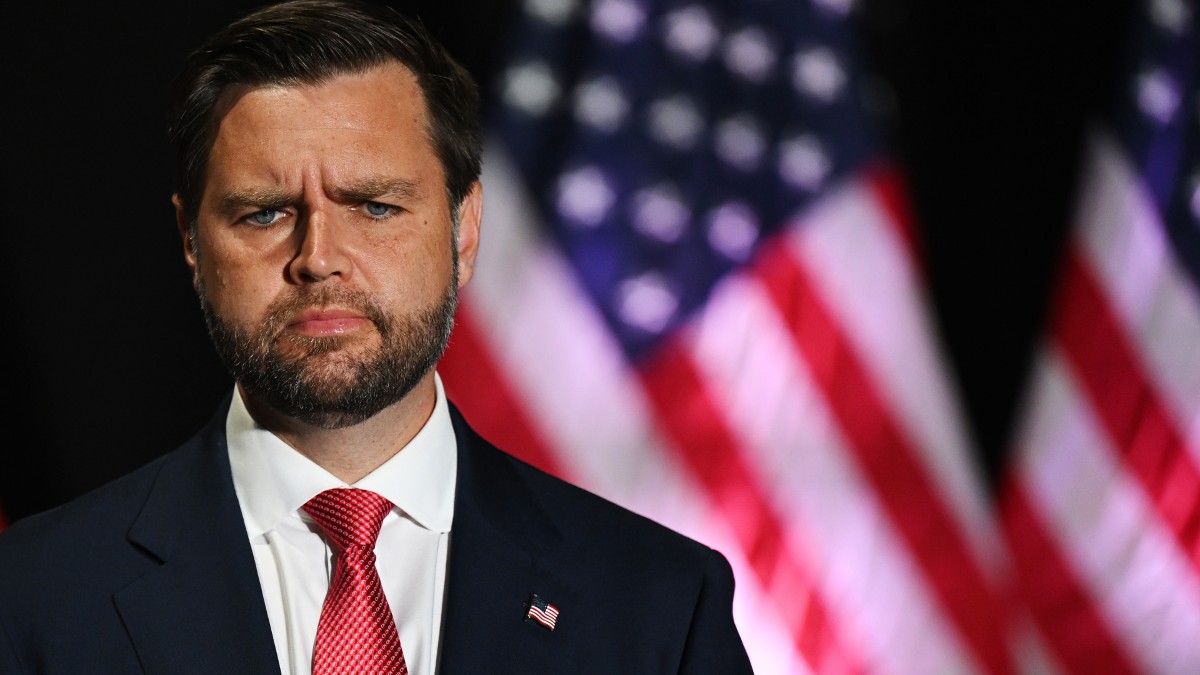 J. D. Vance frowning at a campaign rally in Philadelphia, Pennsylvania