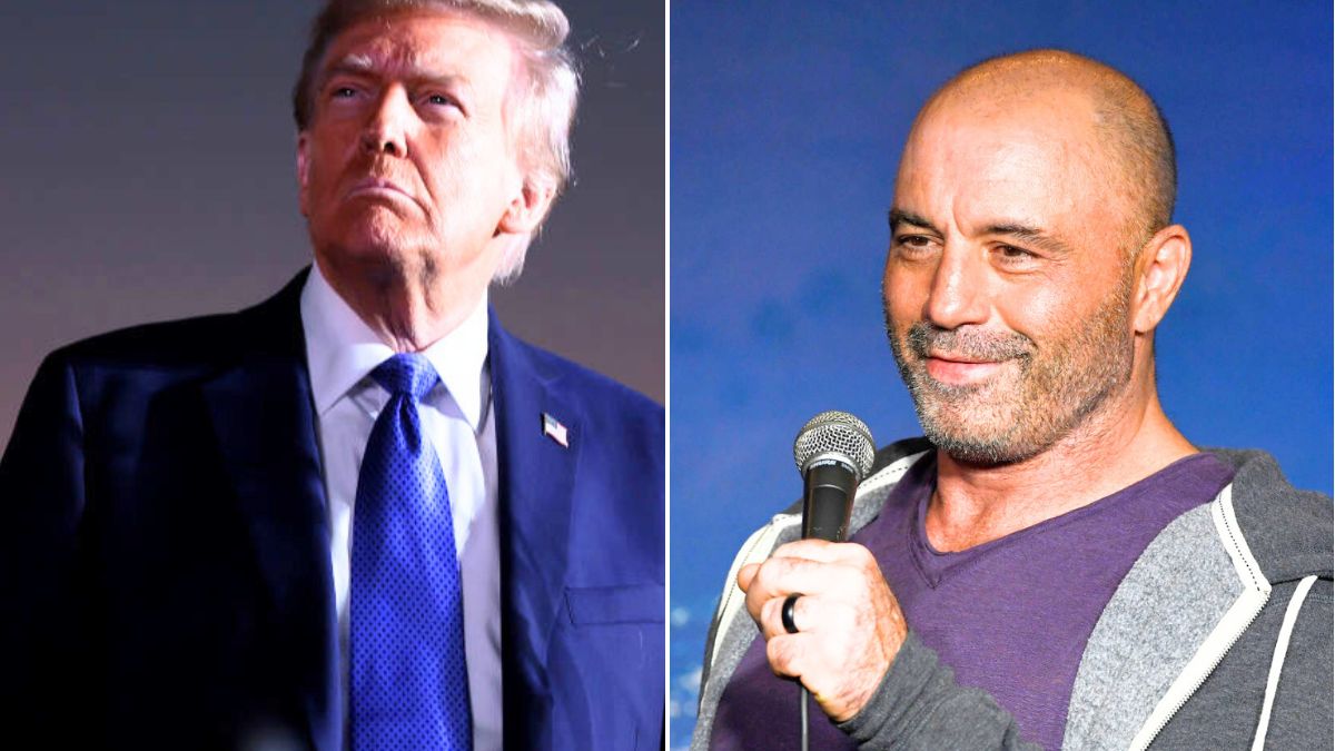 PASADENA, CALIFORNIA - AUGUST 07: Comedian Joe Rogan performs during his appearance at The Ice House Comedy Club on August 07, 2019 in Pasadena, California. (Photo by Michael S. Schwartz/Getty Images) LATROBE, PENNSYLVANIA - OCTOBER 19: Republican presidential nominee, former U.S. President Donald Trump, pauses while speaking during a campaign rally on October 19, 2024, in Latrobe, Pennsylvania. There are 17 days remaining until the U.S. presidential election, which will take place on Tuesday, November 5, 2024. (Photo by Win McNamee/Getty Images)