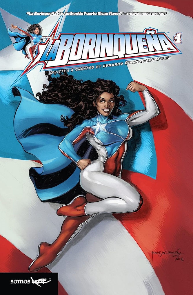 The first Puerto Rican superhero, La Borinqueña, flies high in a super heroic pose, donning a supersuit inspired by the Puerto Rican flag.