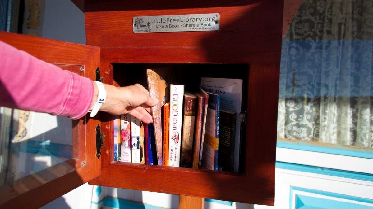 A person grabs a book from a Little Free Library