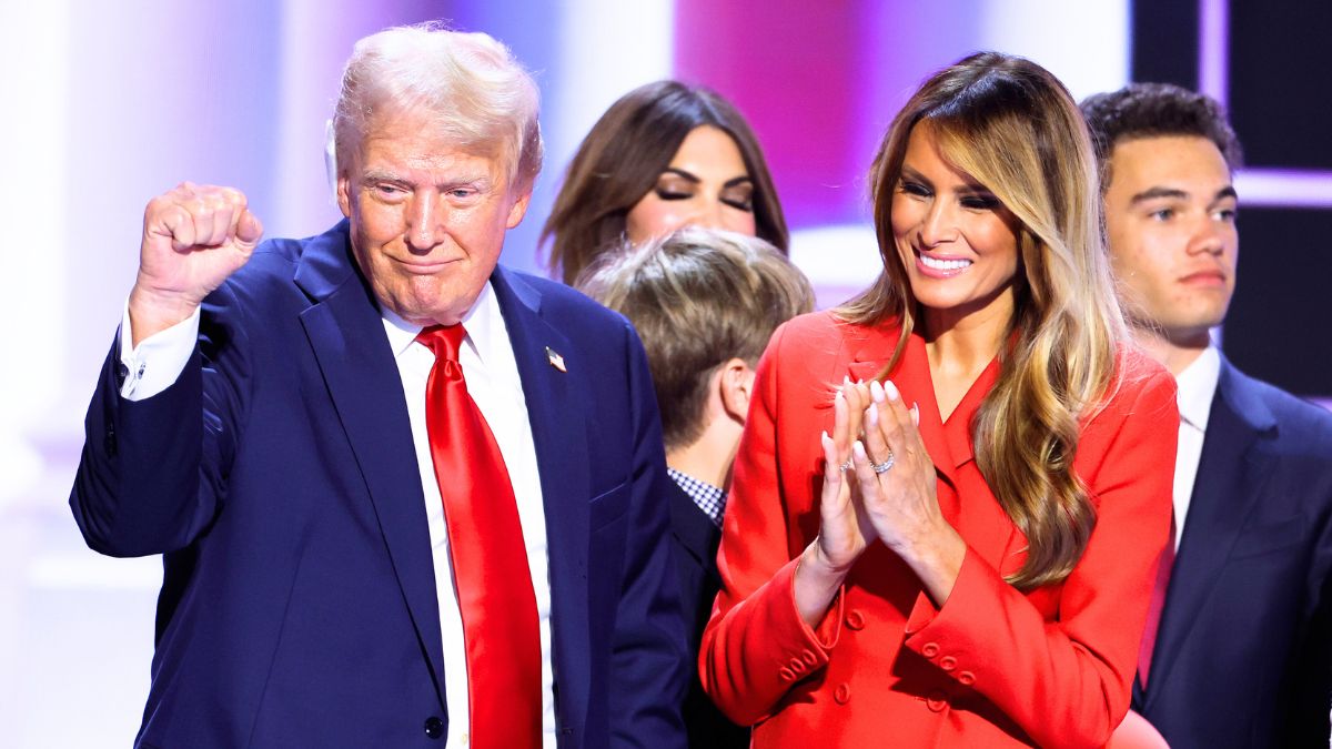 MILWAUKEE, WISCONSIN - JULY 18: Former first lady Melania Trump joins Republican presidential nominee, former U.S. President Donald Trump on stage after he officially accepted the Republican presidential nomination on the fourth day of the Republican National Convention at the Fiserv Forum on July 18, 2024 in Milwaukee, Wisconsin. Delegates, politicians, and the Republican faithful are in Milwaukee for the annual convention, concluding with former President Donald Trump accepting his party's presidential nomination. The RNC takes place from July 15-18. (Photo by Chip Somodevilla/Getty Images)