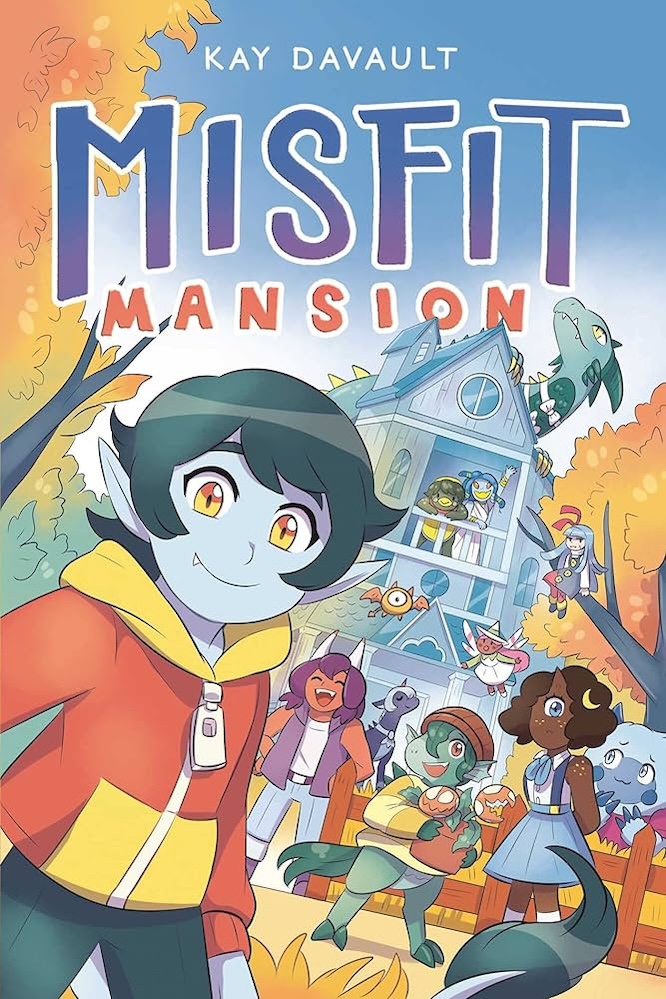 Kay Davault's Misfit Mansion cover art features a group of young monsters standing in front of a blue house