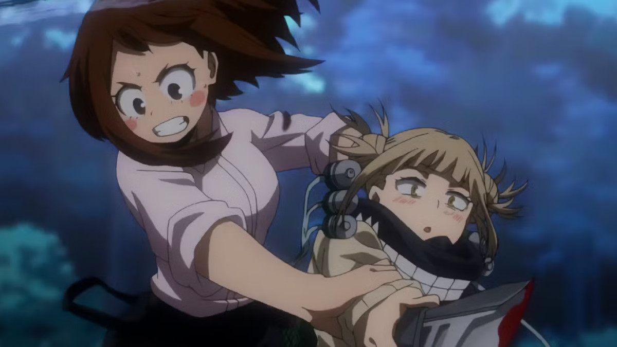 Ochaco and Toga fighting in My Hero Academia