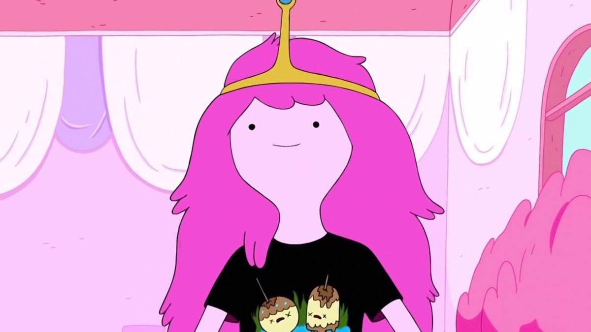 Princess Bubblegum smiles in a band t-shirt in "Adventure Time"