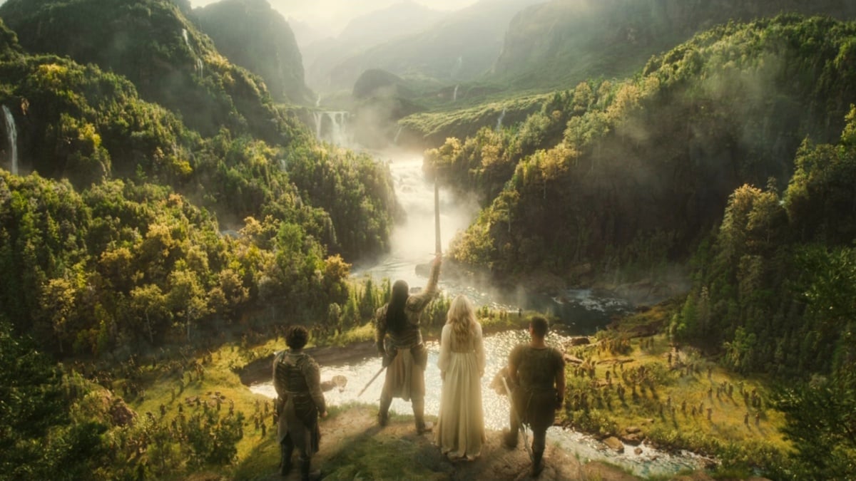 Galadriel, Gil-galad, Elrond, and Arondir stand before a valley. Rivendell, Rings of Power S2, Ep. 8