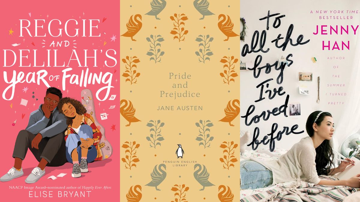 The three covers for Reggie and Delilah's Year of Falling (by Elise Bryant), Pride and Prejudice (by Jane Austen) and To All The Boys I've Loved Before (by Jenny Han)