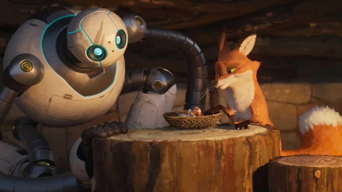 A robot and a fox sit ta a round table to watch over a gosling in a scene from The Wild Robot.