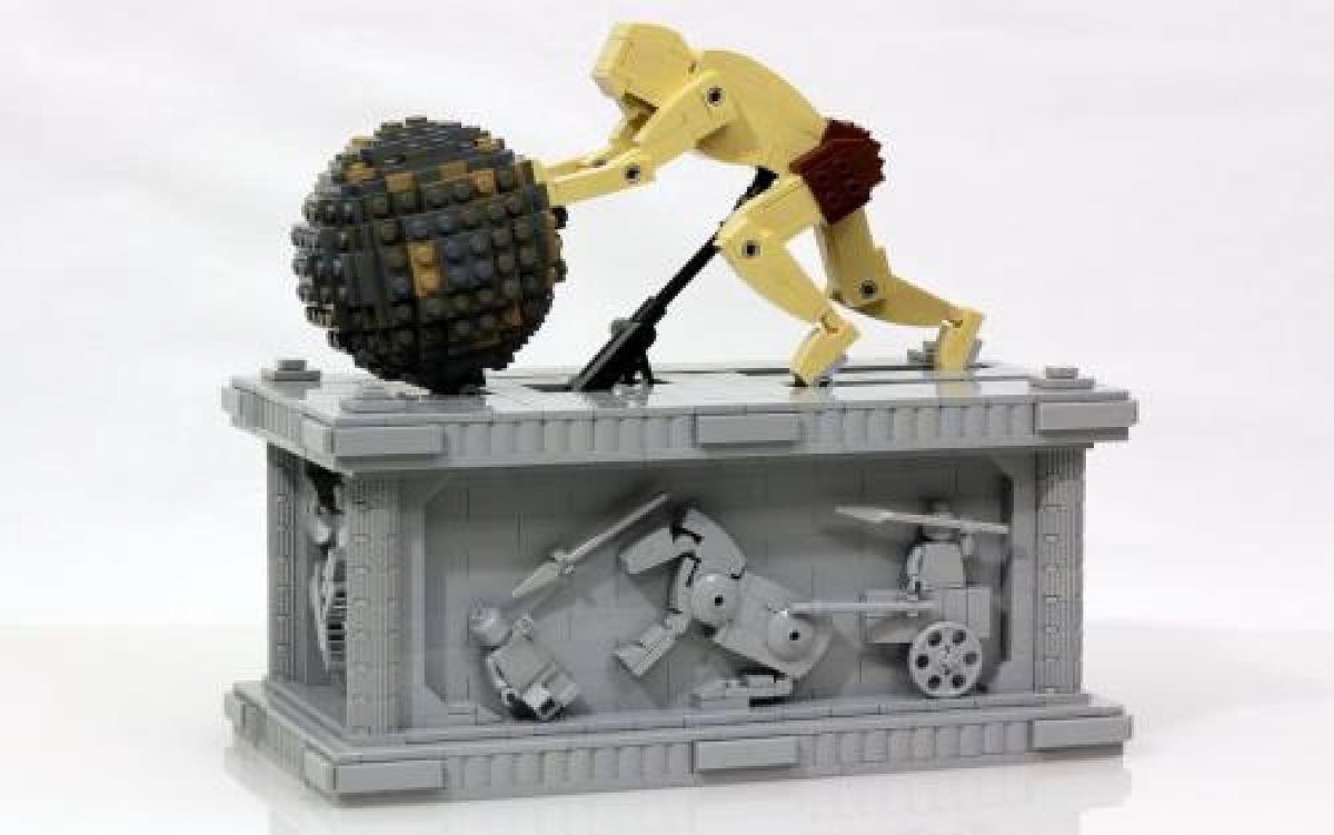 A custom LEGO sculpture of Sisyphus pushing a rock