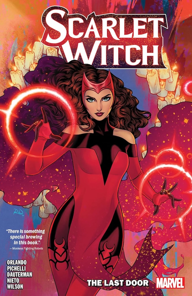 Scarlet Witch, a woman with brown hair and red and black supersuit, graces the cover of Steve Orlando's Scarlet Witch.