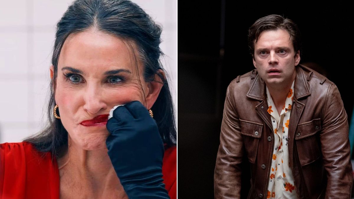 Left: Demi Moore as Elizabeth wipes red lipstick off her face in The Substance. Right: Sebastian Stan looks shocked in A Different Man.