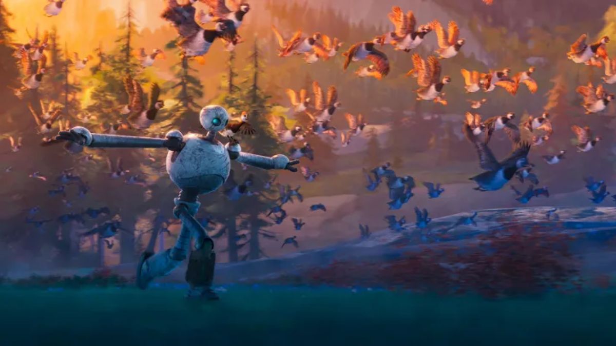 A robot spreads its arms and runs in the jungle while a flock of geese fly above it.