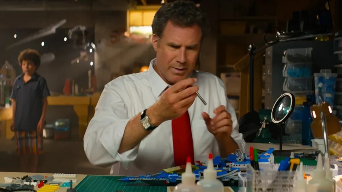 Will Ferrell glues LEGOS together in a basement in "The LEGO Movie"