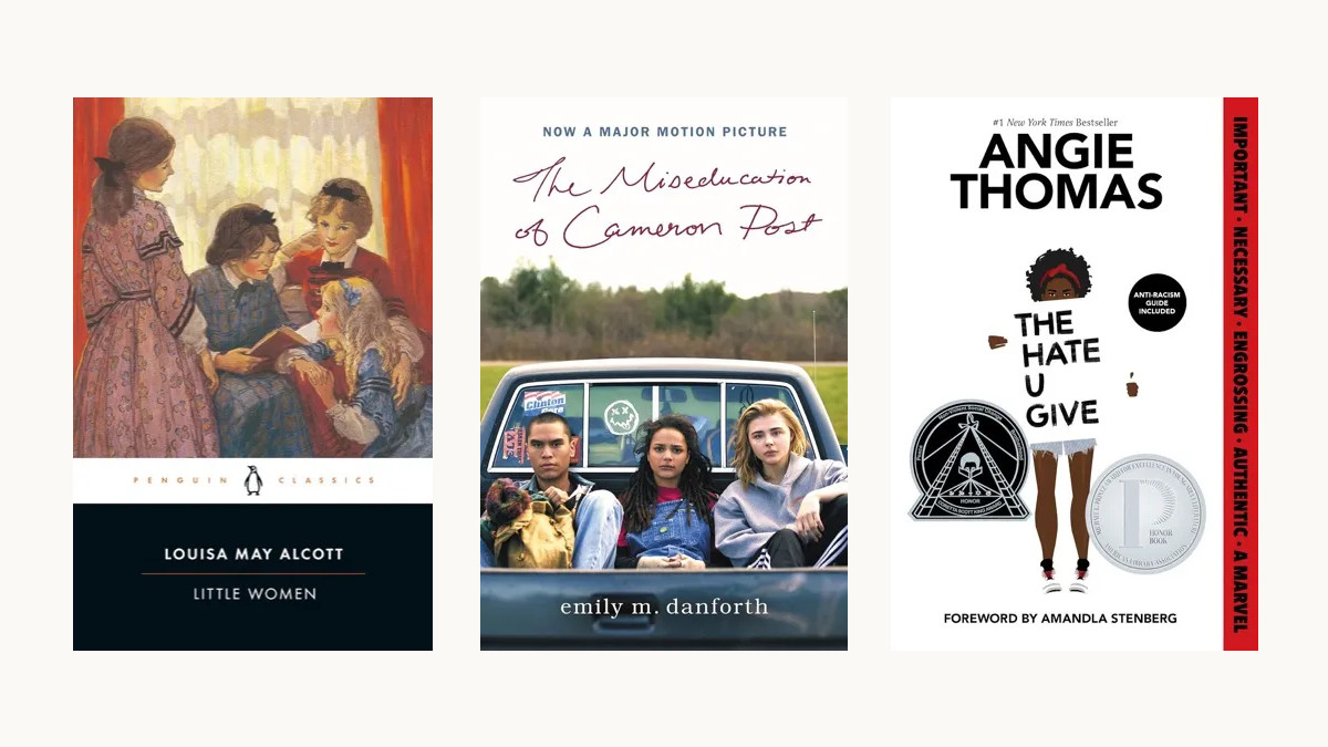 Covers for 'Little Women,' 'The Miseducation of Cameron Post,' and 'The Hate U Give'