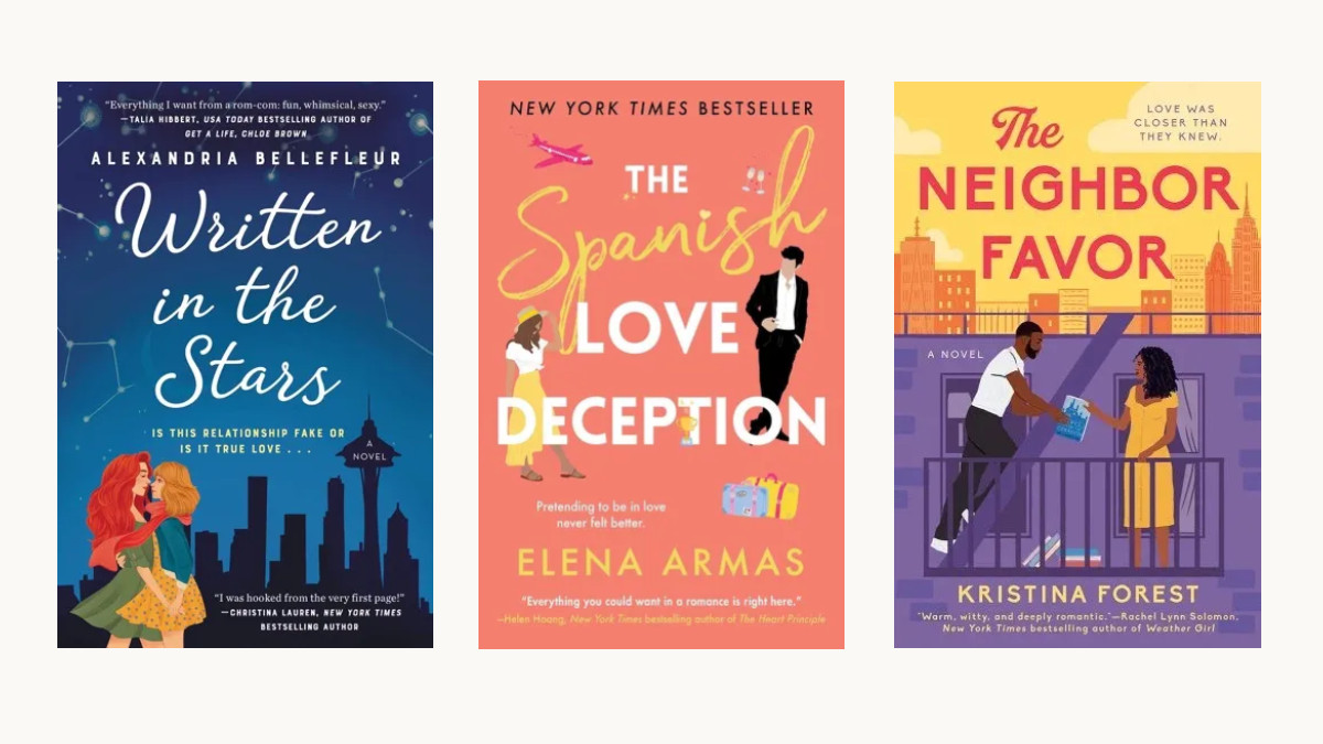 Book covers for 'Written in the Stars,' 'The Spanish Love Deception,' and 'The Neighbor Favor'