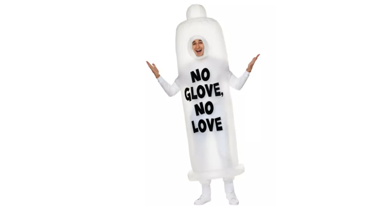 Condom costume with "No Glove, No Love" written on front. 