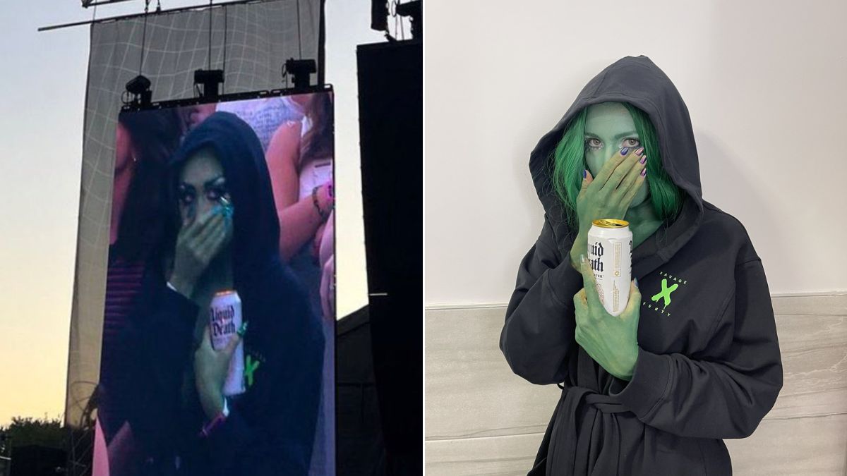 Left: Chappell Roan in the crowd at governor's ball. Right: A woman dressed in a black witch's cloak and green face paint for halloween.