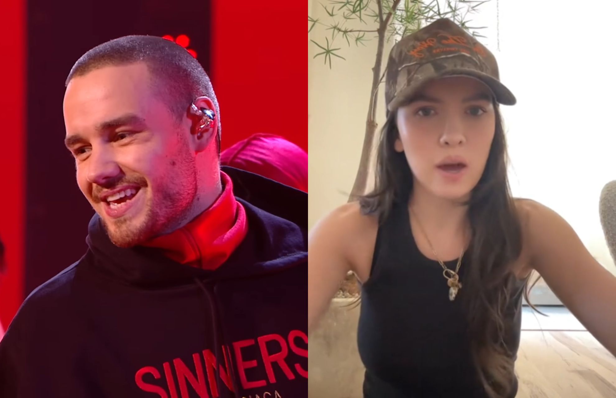 Liam Payne (left) smiles in a black hoodie, while Maya Henry (right) wears a camo hat and black tank top.