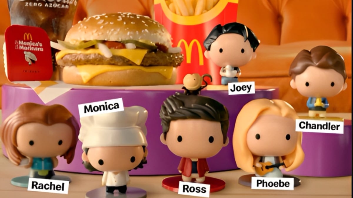 The McDonald's x 'Friends' adult Happy Meal, featuring the six collectable figurines, a burger, sauce, friens and large Coke