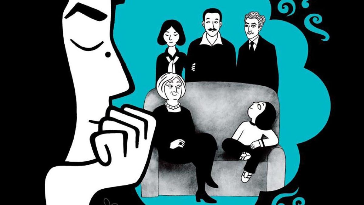 An animated young woman imagines her family sitting on a couch in "Persepolis"