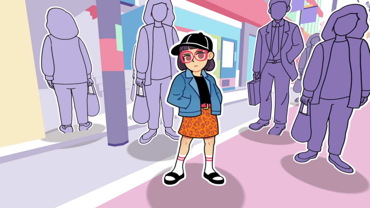 A screenshot from Tokyo Snap featuring an NPC wearing a cap, glasses, a denim jacket, and cheetah-print skirt