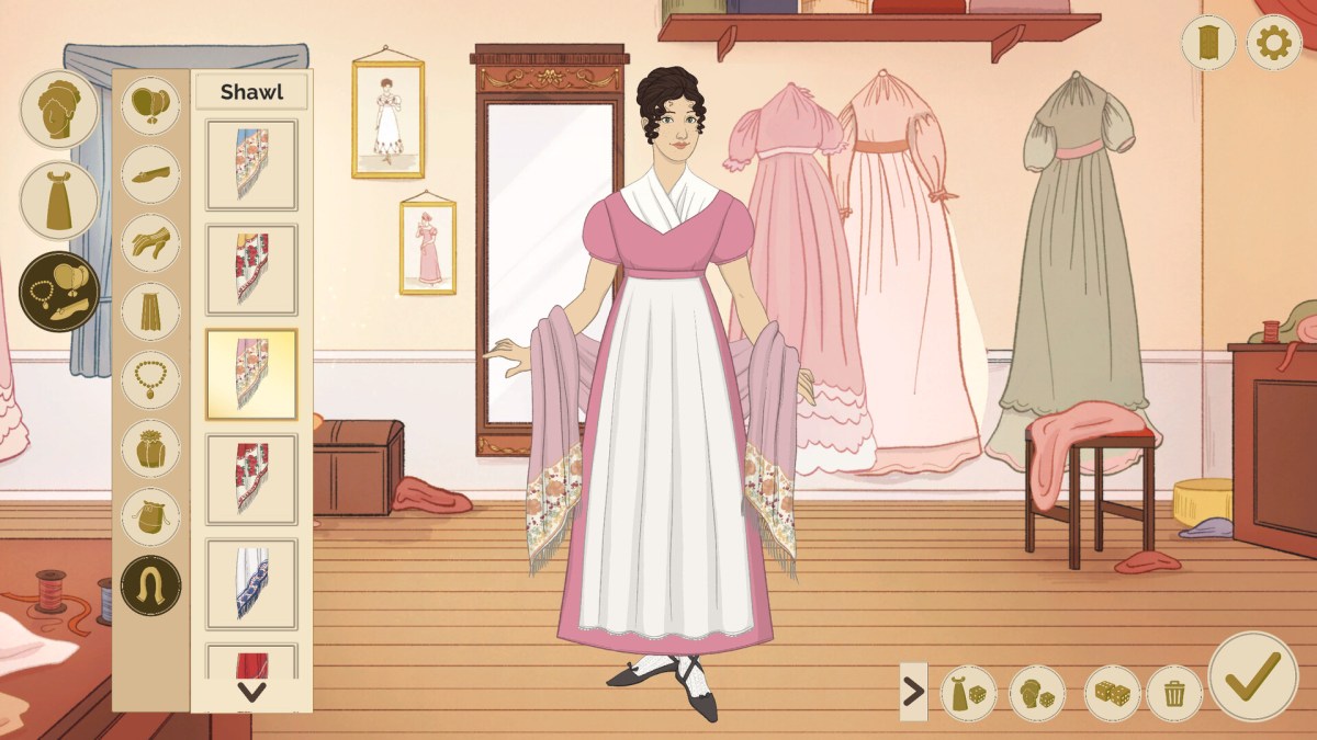 A screenshot from Historical Fashion Dress Up, featuring clothing from the 1820s