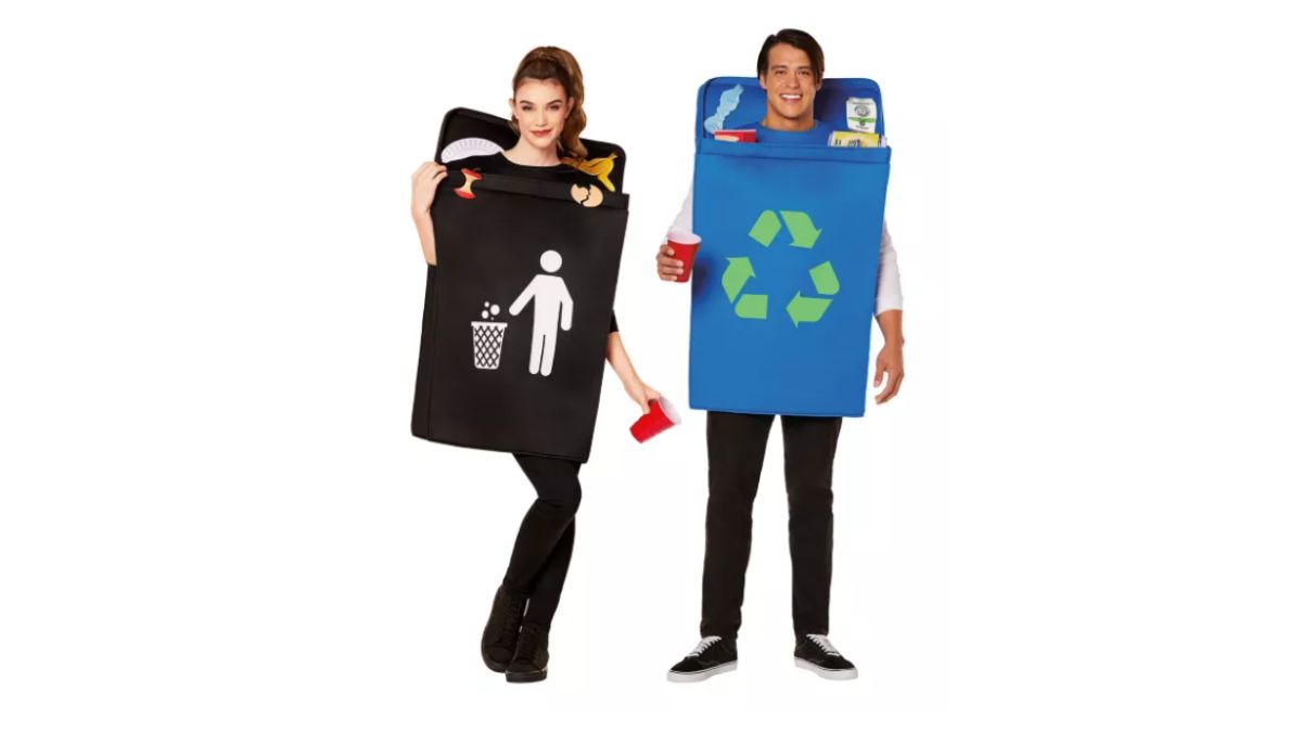 A trash and recycling bin costume. 