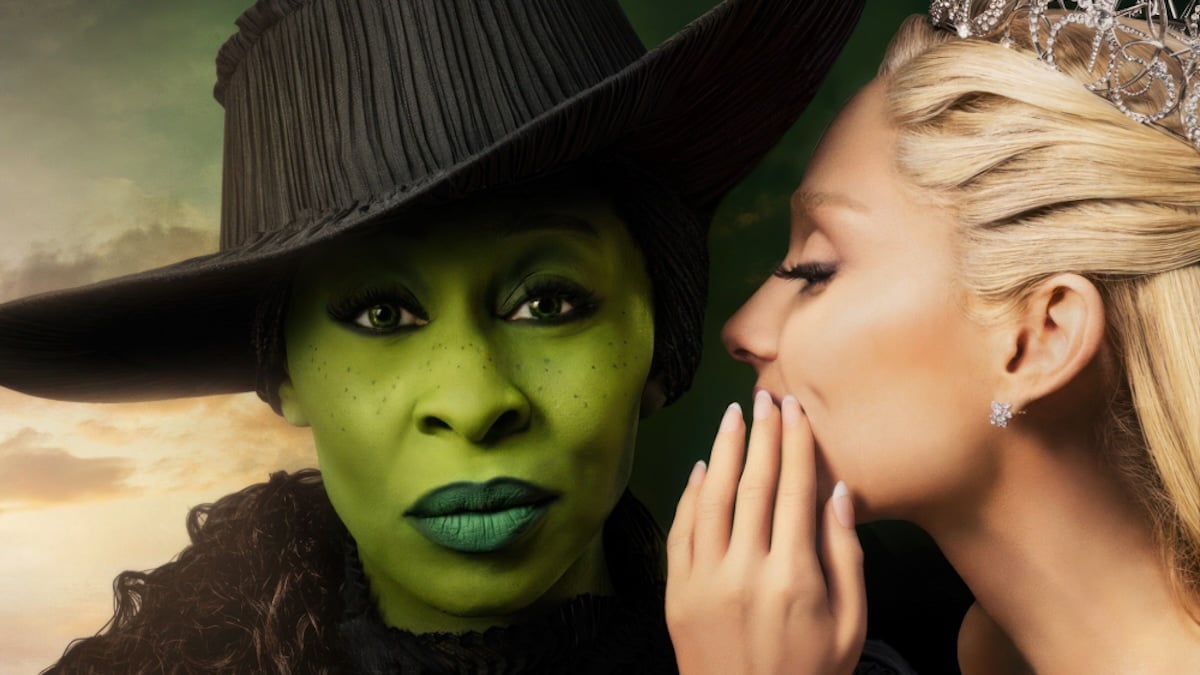 wicked poster with glinda leaning in elphie's ear