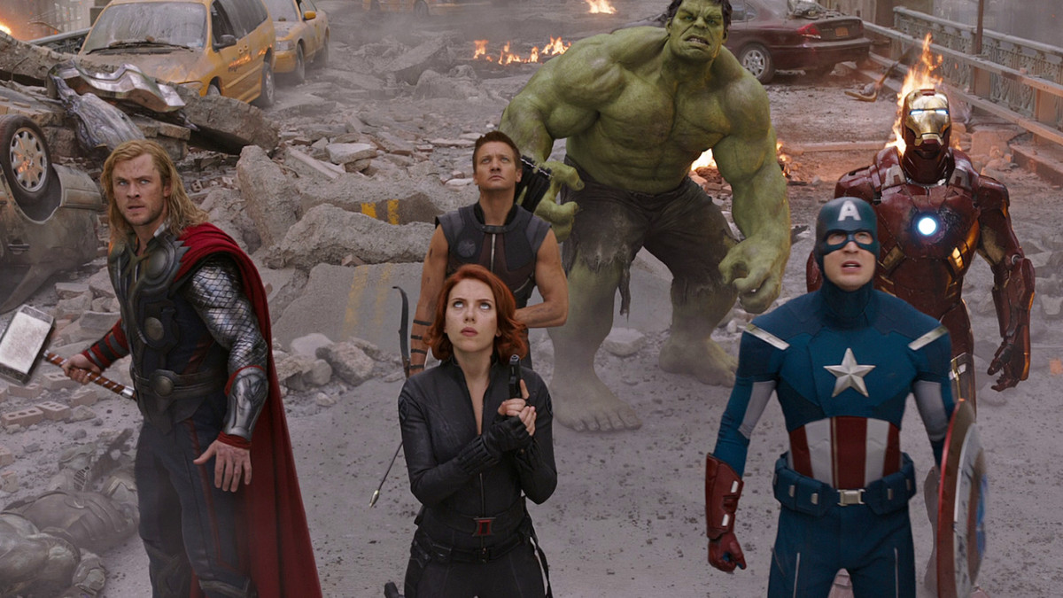 The Avengers (Thor, Black Widow, Captain America, Iron Man, Hulk, and Hawkeye) in The Avengers