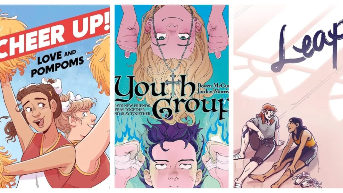 Covers for Cheer Up!, Youth Group, and Leap, graphic novels for girls