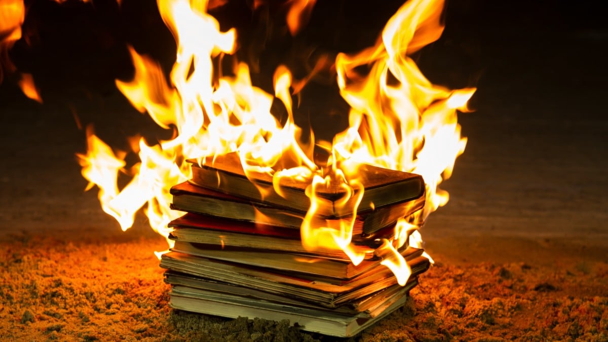 A stack of books on fire