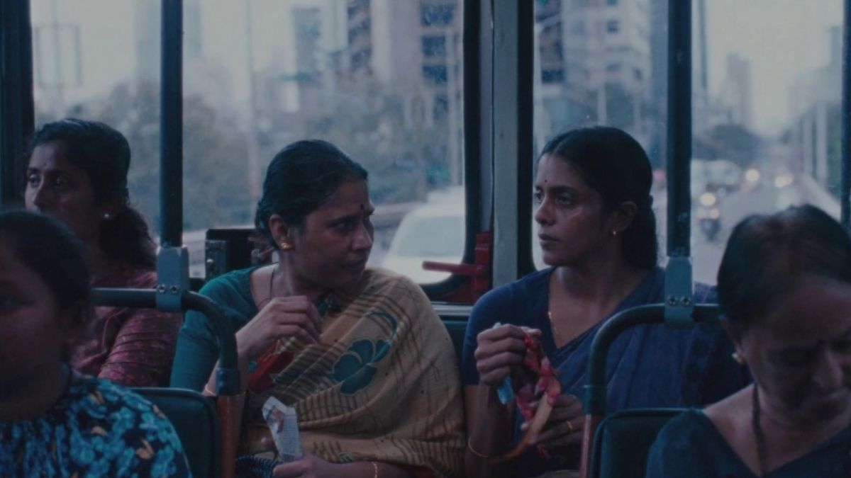 Chhaya Kadam as Parvaty and Kani Kusruti as Prabha ride a bus in All We Imagine As Light