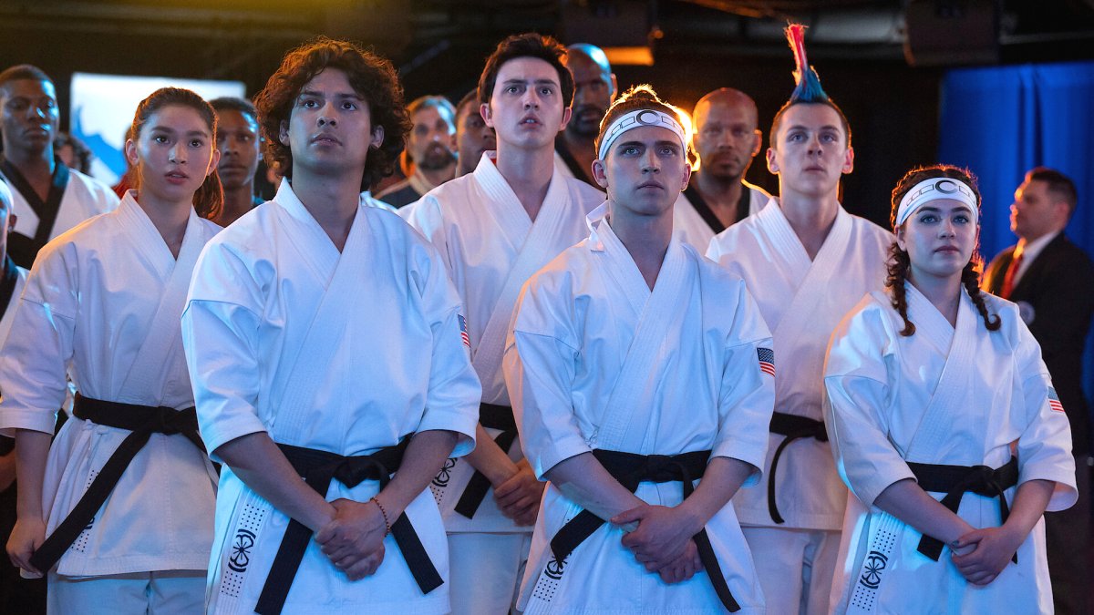 The members of Miyagi-Do lined up and ready to do karate