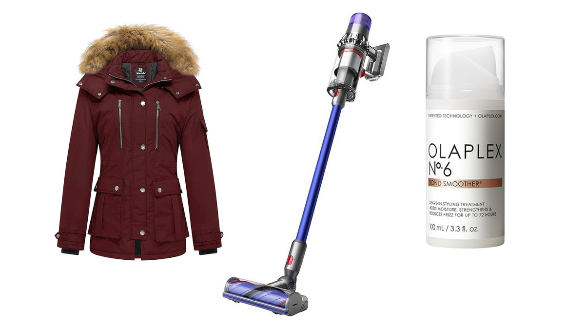 Composite image of a woman's coat, Dyson vacuum, and Olaplex hair cream