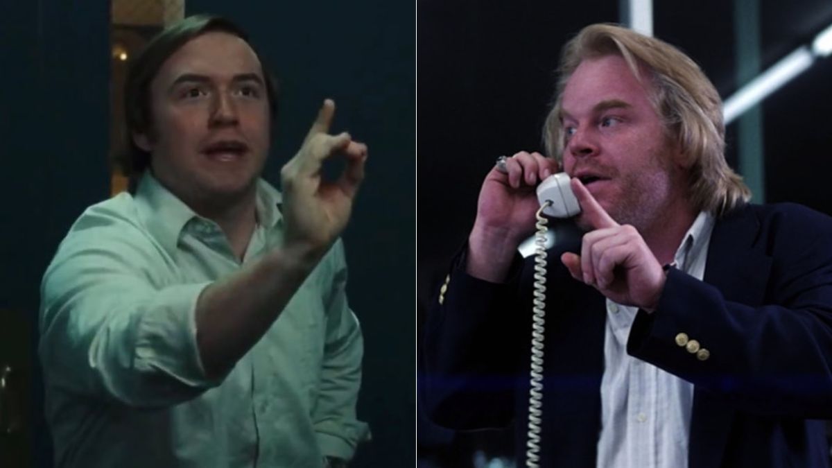 Left: Cooper Hoffman in Saturday Night. Right: Philip Seymour Hoffman talking on the phone in Punch Drunk Love