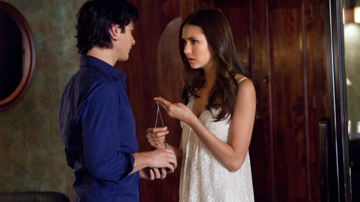 Damon Salvatore gives Elena Gilbert her necklace from Stefan on her birthday in The Vampire Diaries