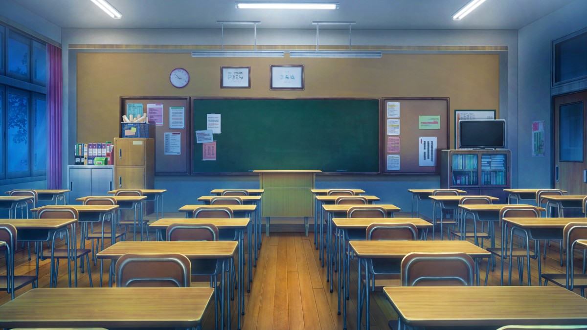 A dimly lit, empty school classroom