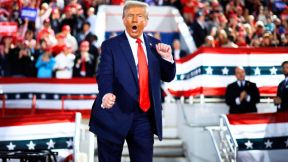 RALEIGH, NORTH CAROLINA - NOVEMBER 04: Republican presidential nominee, former President Donald Trump dances off stage at the conclusion of a campaign rally at the J.S. Dorton Arena on November 04, 2024 in Raleigh, North Carolina. With one day left before the general election, Trump is campaigning for re-election in the battleground states of North Carolina, Pennsylvania and Michigan. (Photo by Chip Somodevilla/Getty Images)