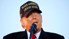 KINSTON, NORTH CAROLINA - NOVEMBER 03: Republican presidential nominee, former U.S. President Donald Trump speaks during a campaign rally at Kinston Regional Jetport on November 03, 2024 in Kinston, North Carolina. With only two days until the election, Trump is campaigning for re-election on Sunday in the battleground states of Pennsylvania, North Carolina and Georgia. (Photo by Chip Somodevilla/Getty Images)