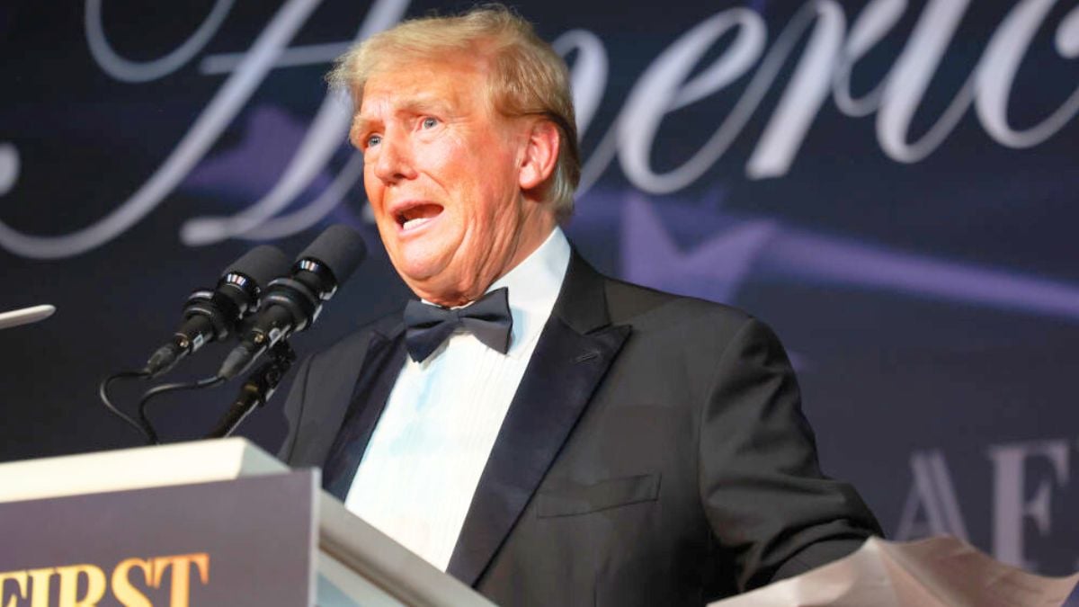 PALM BEACH, FLORIDA - NOVEMBER 14: U.S. President-elect Donald Trump speaks at the America First Policy Institute Gala held at Mar-a-Lago on November 14, 2024 in Palm Beach, Florida. The annual event supports Grey Team, a nonprofit organization dedicated to preventing military suicide. (Photo by Joe Raedle/Getty Images)