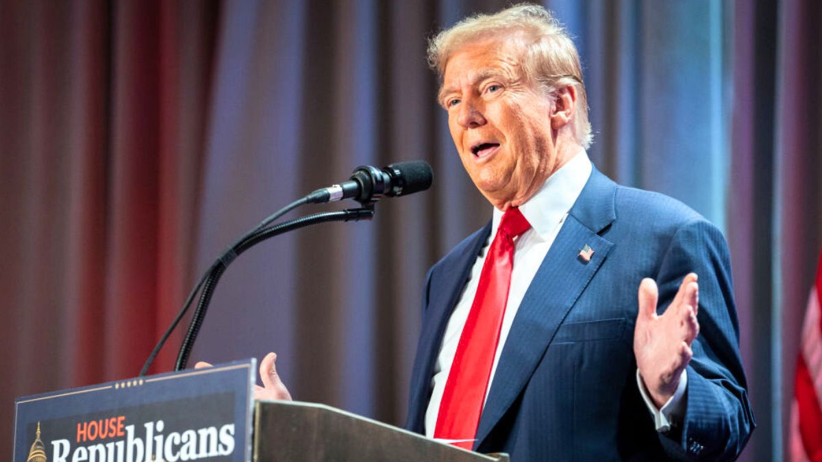 WASHINGTON, DC - NOVEMBER 13: U.S. President-elect Donald Trump speaks at a House Republicans Conference meeting at the Hyatt Regency on Capitol Hill on November 13, 2024 in Washington, DC. As is tradition with incoming presidents, Trump is traveling to Washington, DC to meet with U.S. President Joe Biden at the White House as well as Republican members of Congress on Capitol Hill. (Photo by Allison Robbert-Pool/Getty Images)