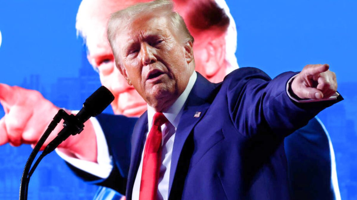 GRAND RAPIDS, MICHIGAN - NOVEMBER 05: Republican presidential nominee, former President Donald Trump speaks during a campaign rally at Van Andel Arena on November 05, 2024 in Grand Rapids, Michigan. Trump campaigned for re-election in the battleground states of North Carolina and Pennsylvania before arriving for his last rally minutes after midnight in Michigan. (Photo by Chip Somodevilla/Getty Images)