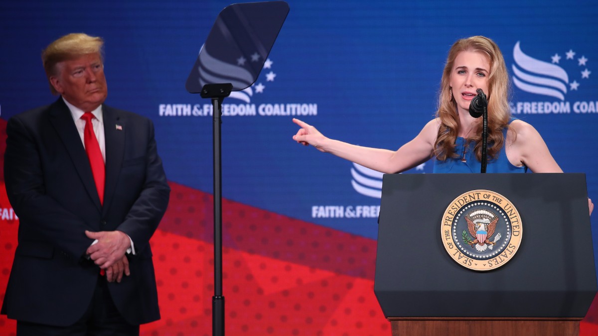 Natalie Harp points at Donald Trump while speaking at the Faith and Freedom Coalition Conference