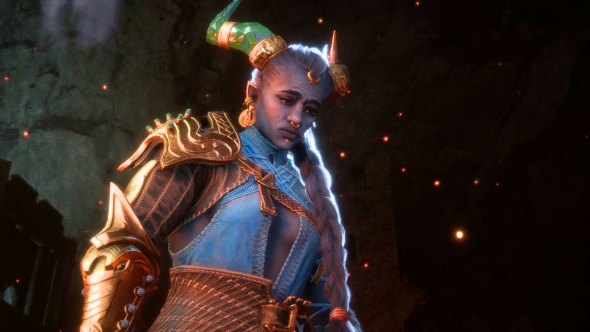 Dragon Age: The Veilguard screenshot of Taash looking sadly at something below them