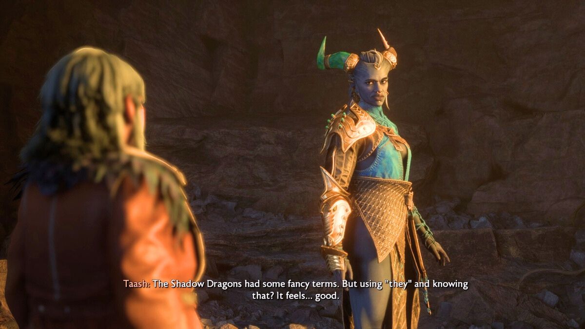 Dragon Age :The Veilguard screenshot of Taash talking to Rook about their pronouns