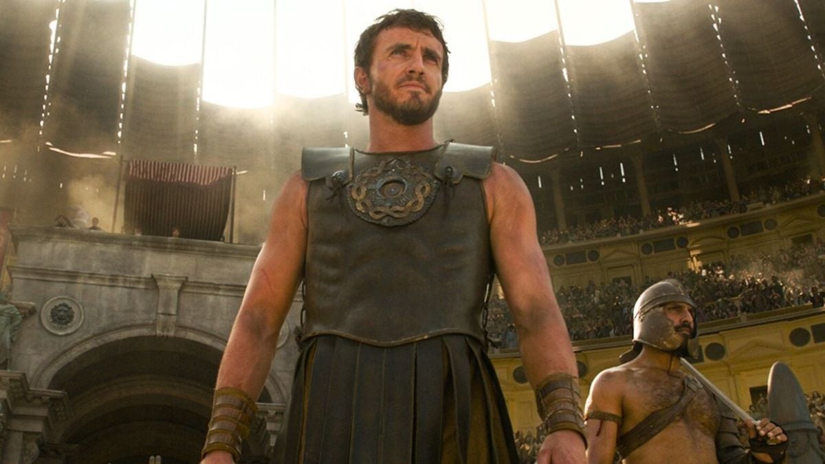 Paul Mescal as Lucius stands in the Colosseum, ready to fight in a scene from Gladiator II