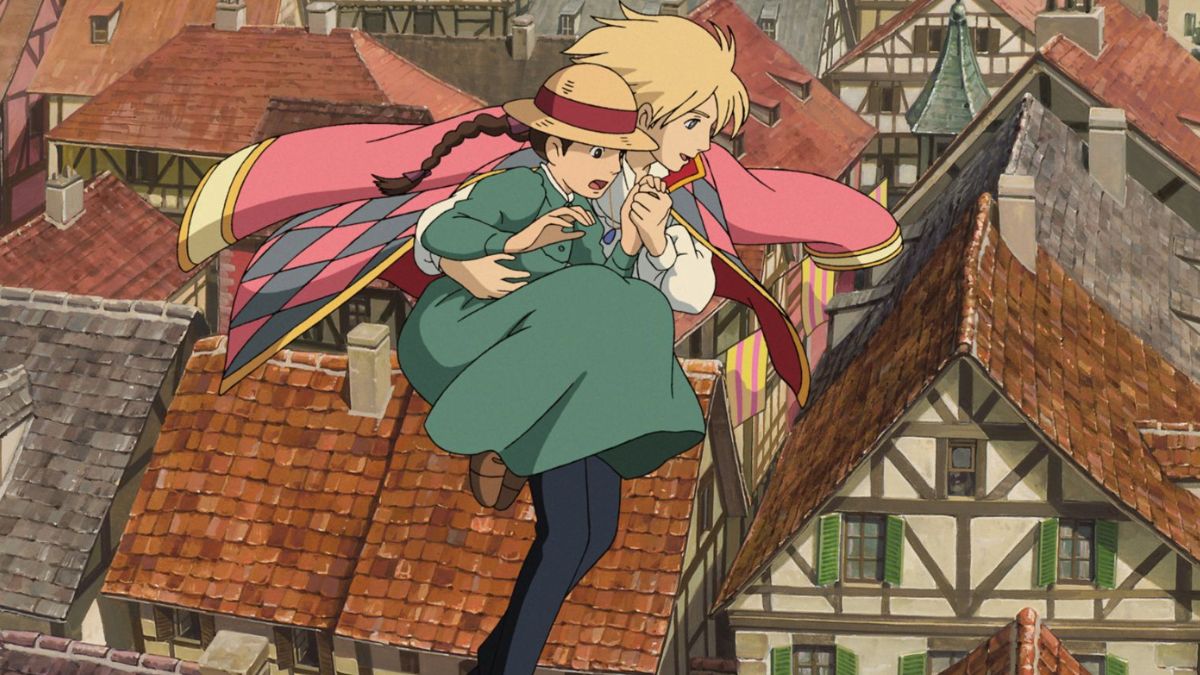 Howl and Sophie from Howl's Moving Castle fly over city rooftops