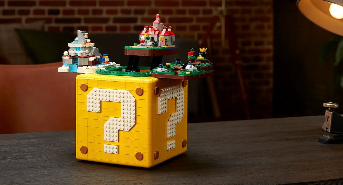 LEGO Mario Question Mark Block on a table