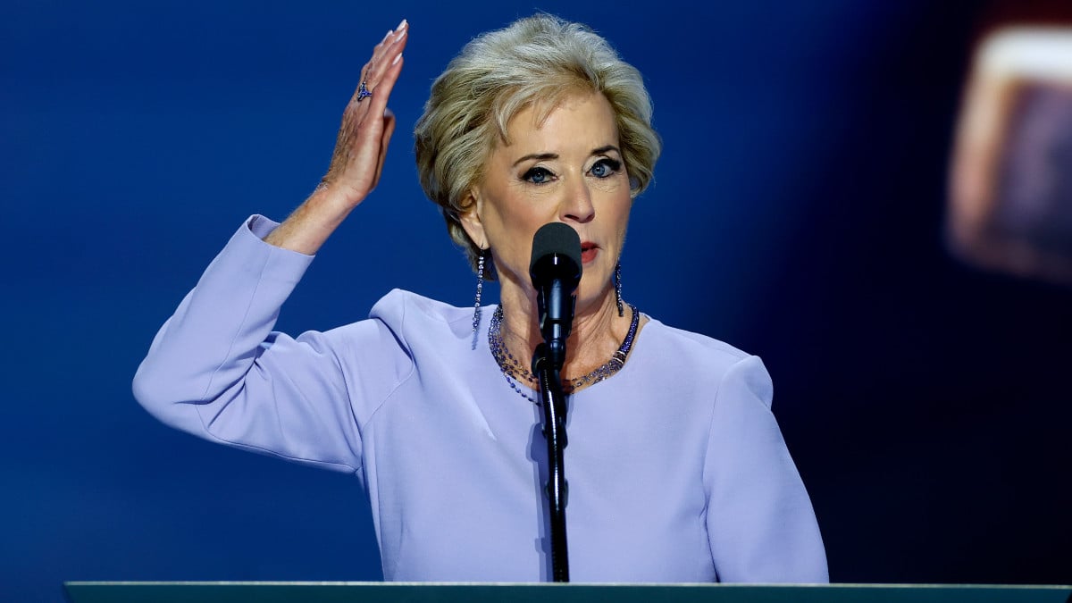 MILWAUKEE, WISCONSIN - JULY 18: Former U.S. Administrator of the Small Business Administration Linda McMahon speaks on stage on the fourth day of the Republican National Convention at the Fiserv Forum on July 18, 2024 in Milwaukee, Wisconsin. Delegates, politicians, and the Republican faithful are in Milwaukee for the annual convention, concluding with former President Donald Trump accepting his party's presidential nomination. The RNC takes place from July 15-18. (Photo by Chip Somodevilla/Getty Images)